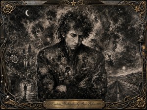 A brooding charcoal portrait centers a solitary Dylan-like figure surrounded by ghostly faces, city lights, roses, music notes, clocks, stars, and a distant highway. Smoky blacks, silvery grays, and muted gold create a reflective, mysterious mood. Dramatic chiaroscuro and layered textures suggest many identities, memories, eras, and contradictions within one life.