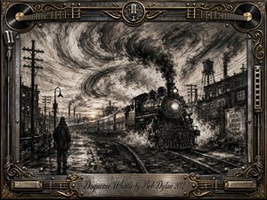 A vintage steam locomotive charges through a shadowy industrial rail yard beneath swirling charcoal skies, watched by a lone figure in a dark coat. Smoky blacks, grays, and warm metallic highlights create a nostalgic, restless mood. An ornate music-themed frame of gold filigree, records, strings, microphones, and engraved metal surrounds the dramatic scene.