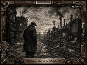 A weary workingman walks alone through a smoky industrial district, framed by factories, rail tracks, telephone poles, and fading city lights. Deep charcoal blacks, dusty grays, and muted bronze accents create a somber, reflective mood. Feathered textures, drifting smoke, distant birds, and an ornate music-inspired metal frame emphasize hardship, memory, and endurance.