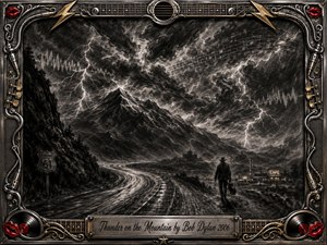 A lone traveler crosses a storm-darkened mountain landscape beneath explosive lightning and swirling thunderclouds. Deep charcoal blacks, smoky grays, and sharp white highlights create a rugged, cinematic mood. Winding tracks, distant cafe lights, musical waveforms, guitar-string motifs, and an ornate chrome-and-gold rock-inspired frame intensify the restless, electric atmosphere.