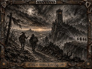 A storm-darkened watchtower rises above a barren valley as two ragged travelers follow a rocky path toward danger. Deep feathered charcoal textures, smoky grays, black shadows, and faint amber light create an ominous, prophetic mood. Ravens, distant riders, lightning, and a rugged musical-metal frame intensify the apocalyptic folk atmosphere.
