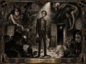 A bewildered thin man stands beneath a harsh spotlight in a surreal, smoky cabaret filled with masked observers, strange performers, scattered papers, and an ominous doorway. Deep charcoal blacks, silvery grays, muted sepia, and restrained red accents create an unsettling noir mood, framed by ornate gold, chrome, vinyl, microphone, and red-lip motifs.