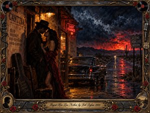 A romantic couple embraces outside a weathered roadside bar as a vintage black Cadillac faces an empty highway beneath a fiery storm sky. Deep reds, amber lamplight, black, and smoky blue create a seductive, ominous mood. Rich painterly textures, neon signs, roses, records, and ornate musical framing evoke restless love and finality.
