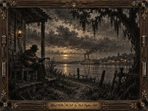 A solitary blues guitarist sits on a weathered riverside porch at twilight, overlooking a glowing steamboat and distant Southern town. Deep charcoal textures, smoky browns, muted gold, and shadowy black create a mournful, timeless mood. Ornate wood, brass, records, strings, microphones, and an engraved title plate frame the atmospheric scene.