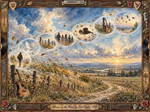 A windswept country road crosses golden fields beneath a luminous blue-and-cream sky, while translucent memory bubbles curve upward with travelers, a dove, guitar, hat, fences, and distant birds. Warm watercolor and oil-like textures create a reflective, hopeful mood, framed by rustic wood, musical details, roses, and engraved brass.