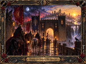 Armored riders and marching guards cross a rain-slicked stone bridge toward a fortified city glowing at dawn. Deep blues, fiery reds, gold, and amber create a dramatic transition from night to day. Richly textured painterly detail, banners, ravens, torches, roses, instruments, and ornate metallic framing evoke ceremony, change, and destiny.