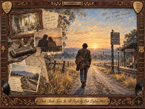 A solitary guitarist walks down a dusty country road toward a glowing sunset beside quiet railway tracks, surrounded by fading photographs, handwritten notes, maps, and pressed flowers. Warm gold, amber, brown, and blue tones create a reflective, bittersweet mood. The nostalgic mixed-media collage is enclosed by an ornate rosewood musical frame.