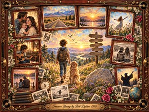 A nostalgic rosewood-framed collage surrounds a child walking with a golden dog toward a glowing mountain sunset. Warm amber, crimson, blue, and floral tones create a tender, hopeful mood. Vintage photographs, family scenes, roses, records, books, and musical details blend oil-paint richness with watercolor softness, celebrating memory, growth, and enduring youth.