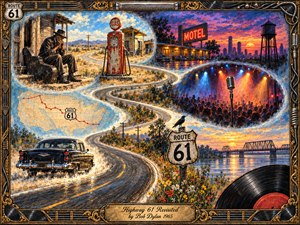 A vivid Americana collage follows Highway 61 through dusty towns, neon motels, roadside gas pumps, river bridges, vintage cars, and a smoky concert crowd. Rich blues, fiery oranges, weathered golds, and sunset reds glow across textured painterly surfaces. An ornate music-themed frame and engraved title plate complete the nostalgic, restless journey.