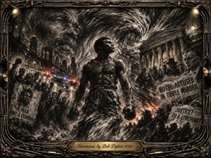 A defiant boxer stands at the center of a turbulent charcoal cityscape, surrounded by police lights, crowds, courthouse columns, and accusatory headlines. Sweeping storm clouds intensify the sense of injustice and unrest. Deep blacks, smoky grays, bronze highlights, and flashes of red create dramatic contrast within an ornate musical frame.