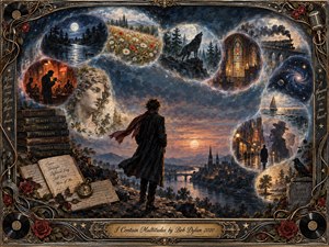A solitary traveler overlooks a twilight river city while dreamlike visions of moonlit forests, wildflowers, jazz clubs, trains, churches, oceans, and distant galaxies swirl overhead. Deep blues, amber light, and muted gold create a reflective, mysterious mood. Painterly textures, antique books, roses, records, and ornate musical framing suggest many lives contained within one soul.