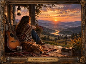 A contemplative woman rests beside an acoustic guitar and sleeping dog on a rustic porch overlooking a winding river and misty mountains at sunset. Warm amber, copper, and blue-violet tones create a nostalgic, peaceful mood. Painterly realism, weathered wood, wildflowers, lantern light, and an ornate musical frame enrich the handcrafted composition.