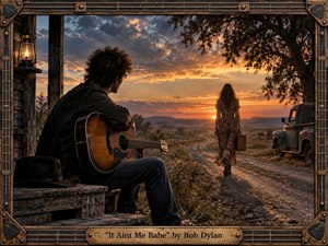 A young guitarist sits on a weathered porch as a woman carrying a suitcase walks down a dusty road toward a glowing sunset. Warm amber light, stormy blue-gray clouds, rustic wood, an old truck, and a handcrafted guitar-string frame create a bittersweet, cinematic folk atmosphere of farewell, distance, and quiet resolve. SongData_ItAintMeBabe_BobDylan_1964