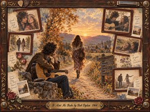A wistful hippie woman walks toward a glowing autumn sunset while a solitary guitarist watches from a stone wall, suggesting tender separation and emotional independence. Warm gold, rust, rose, and sepia tones fill the nostalgic mixed-media collage, surrounded by faded photographs, roses, handwritten memories, guitar strings, ornate woodwork, and a vintage engraved title plate.