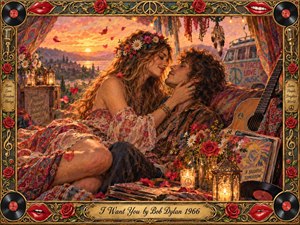 A romantic hippie couple embraces at sunset amid flowers, candles, vinyl records, and an acoustic guitar, overlooking a glowing lakeside valley. Warm gold, crimson, and earthy tones create a tender, nostalgic mood. Painterly textures blend oil, acrylic, and watercolor effects, framed by ornate roses, records, red lips, and musical motifs.