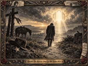 A weary lone traveler crosses a rugged Western landscape toward a radiant heavenly doorway suspended in stormy clouds. Deep charcoal textures and sepia tones create a solemn, spiritual mood, while golden light spills across the path. A horse, discarded hat, sheriff badge, roses, guitars, wings, and ornate metal framing enrich the symbolic composition.