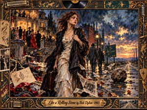 A windblown woman in a rumpled ivory gown leaves a glowing mansion party behind, carrying a suitcase toward a rain-slick road stretching into a stormy sunset. Rich blues, amber gold, and muted reds heighten the melancholy mood. Thick oil-paint textures, scattered papers, pearls, a rolling stone, and ornate musical framing suggest loss, freedom, and uncertain beginnings.