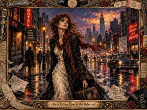 A solitary young woman strides through a rain-slicked city at dusk, carrying a battered suitcase beneath a turbulent orange and violet sky. Glowing neon, vintage cars, scattered newspapers, and shadowy pedestrians heighten the restless mood. Rich oil-paint textures, dramatic reflections, deep blues, warm amber light, and an ornate musical frame evoke freedom, displacement, and uncertain reinvention.