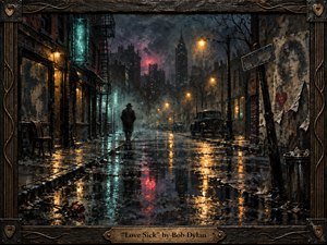 A solitary figure walks through a rain-soaked nocturnal city street, surrounded by mist, vintage cars, bare branches, and weathered brick buildings. Amber streetlights and teal reflections shimmer across black pavement, while a wilted red rose adds quiet heartbreak. Thick, tactile oil-like textures and an ornate dark frame deepen the melancholy.