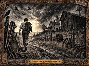 A lone farm worker strides down a muddy road, leaving a weathered barn and farmhouse beneath a turbulent storm sky. Rendered in deep textured charcoal, the scene feels defiant and liberating, with stark shadows, glowing breaks of sunlight, circling crows, rusted machinery, rough fences, and a rugged musical frame.