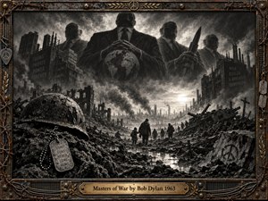 A devastated war-torn landscape stretches beneath looming, faceless power brokers who clutch a globe and weapon above the ruins. Deep charcoal textures, smoky grays, rusted metal, and stark backlighting create a grim, accusatory mood. Refugees cross shattered ground while symbolic helmets, dog tags, barbed wire, and peace emblems frame the scene.
