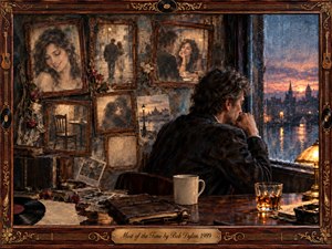 A solitary man sits beside a rain-streaked window at sunset, surrounded by faded portraits and romantic memories in worn rosewood frames. Warm amber lamplight contrasts with cool blue city rain, creating a wistful, reflective mood. Painterly textures, scattered roses, records, photographs, and ornate musical details deepen the sense of lingering love and loss.