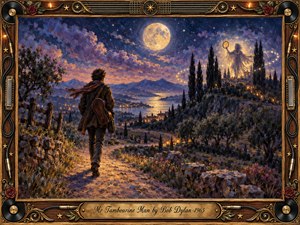 A lone traveler carrying a guitar walks a moonlit country path toward a dreamlike hilltop tambourine figure. Deep blues, violet clouds, golden lights, and warm earth tones create a mysterious, wandering mood. Rich painterly textures, glowing stars, distant villages, and an ornate musical frame give the scene nostalgic, poetic grandeur.