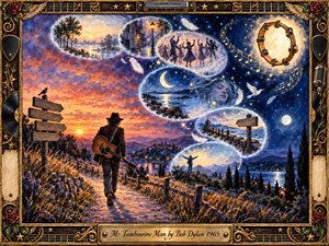A lone guitarist walks a winding country path beneath a glowing sunset that dissolves into a deep blue, star-filled night. Feathered dream bubbles curve across the sky, revealing dancers, moonlit shores, memories, and a radiant tambourine. Warm golds, violets, and indigos enrich the nostalgic watercolor-gouache style, framed with ornate musical details.