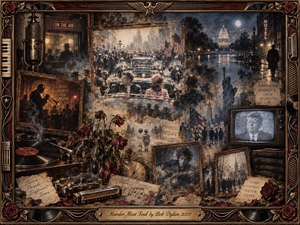 A mournful vintage collage evokes American memory through a presidential motorcade, shadowed crowds, old television, radio microphone, vinyl records, wilted roses, and musical relics. Sepia, charcoal, burgundy, and midnight blue tones glow under subdued cinematic light. Layered painterly textures, ornate rosewood framing, and fading images create a haunting, elegiac atmosphere.