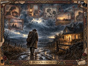 A solitary traveler trudges through a rain-soaked countryside toward a warmly illuminated farmhouse, surrounded by turbulent blue-gray skies and reflective muddy paths. Faded framed memories drift above the landscape, suggesting love, loss, and refuge. Rich painterly textures, amber light, roses, instruments, and ornate weathered framing create a nostalgic, sheltering atmosphere.
