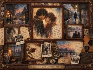 A nostalgic rosewood-framed collage captures a fleeting romance through rain-soaked streets, intimate portraits, train platforms, handwritten notes, photographs, roses, and an acoustic guitar. Warm amber lights glow against dusky blues and sepia browns, while layered oil-paint and watercolor textures create a tender, melancholy atmosphere of chance, memory, separation, and fate.