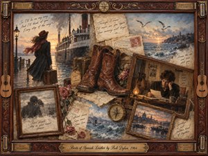 A nostalgic maritime collage centers on ornate Spanish leather boots, surrounded by faded scenes of departure, distant lovers, letters, maps, roses, and stormy seas. Warm sepia browns, muted blues, and golden sunset light create a bittersweet mood. Painterly textures, antique frames, musical details, and weathered paper evoke longing, memory, and separation.
