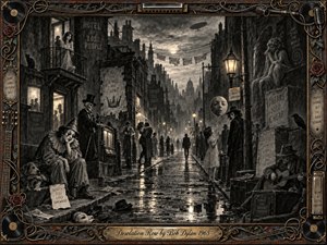 A surreal charcoal streetscape stretches through rain-slick cobblestones, crowded with mournful figures, faded signs, a sad clown, skeletal gentleman, guitarist, raven, and moon-faced balloon. Smoky blacks, grays, sepia, and warm lamplight create a haunting mood, while an ornate musical frame of roses, records, wires, and aged metal encloses the scene.