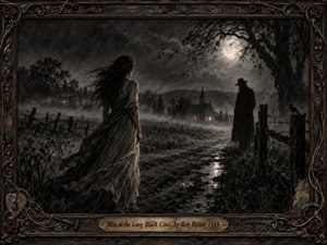 A windswept woman faces a mysterious man in a long black coat along a moonlit country road, surrounded by mist, bare trees, fences, and a distant church. Deep charcoal blacks and smoky grays create a haunting, melancholic mood, while pale reflections, textured shadows, roses, and musical details enrich the ornate gothic frame.