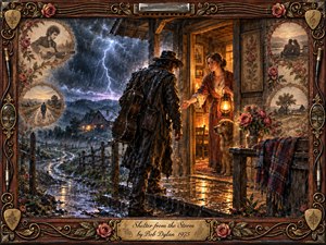 A rain-soaked traveler stands at a warmly lit cottage doorway as a woman offers refuge beneath a violent lightning-filled sky. Rich amber, blue, and rose tones heighten the contrast between danger and comfort. Romantic painterly detail, reflective puddles, roses, guitars, memory portraits, and an ornate vintage frame deepen the nostalgic mood.