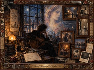 A solitary guitarist sits in a shadowy nighttime room, surrounded by framed memories, scattered photographs, roses, and handwritten pages. Deep blues, sepia browns, muted gold, and amber lamplight create a wistful, dreamlike mood. Painterly oil, acrylic, and watercolor textures blend city lights, ghostly visions, and ornate musical details into a haunting collage.