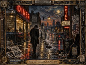 A solitary man in a dark coat walks along a rain-soaked city street beneath glowing diner and motel signs. Deep blues, blacks, amber light, and neon reds create a weary, reflective mood. Painterly textures, wet reflections, vintage cars, scattered newspapers, musical details, and an ornate road-worn frame suggest restless change and fading certainty.