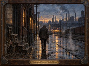 A lone laborer trudges down a rain-slick industrial street at dusk, carrying a metal pail beneath a smoky skyline of factories, railcars, and power lines. Warm amber windows and streetlights glow against blue-gray shadows, while thick, textured brushwork, reflective puddles, and a rugged wood-and-metal frame deepen the weary, dignified mood.