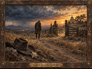 A weary lone traveler crosses a dry, windswept landscape toward a small hilltop mission glowing beneath a golden sunset. Heavy blue-gray storm clouds deepen the solemn mood, while weathered fences, grasses, rocks, a discarded hat, and sheriff badge suggest surrender and passage. Rich painterly textures and a carved wooden frame evoke aged Western oil art.
