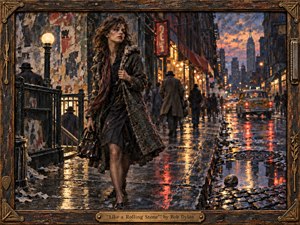 A solitary woman strides through a rain-soaked 1960s New York street, surrounded by blurred pedestrians, glowing storefronts, and reflected city lights. Moody blues, rust, amber, and crimson create a restless atmosphere, while textured painterly brushwork, weathered walls, wet pavement, and a distressed wood-and-brass frame reinforce the songs raw, unsettled character.