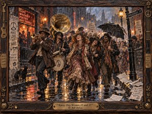 A jubilant bohemian parade spills through a rain-soaked 1960s city street, led by musicians and laughing revelers beneath glowing lamps and umbrellas. Warm amber reflections shimmer against cool gray rain, creating a chaotic, celebratory mood. Rich painterly textures, vintage clothing, protest imagery, brass instruments, and the ornate wooden frame deepen the period atmosphere.