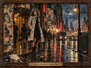 A solitary, windswept woman stands on a rain-soaked 1960s city street, surrounded by shadowy pedestrians, glowing lamps, vintage cars, and distant carnival lights. Stormy blues, muted browns, amber highlights, and red reflections create a restless, melancholy mood. Thick painterly textures and collage-like surfaces evoke displacement, defiance, and uncertain freedom.