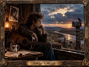 A weary musician sits with a battered acoustic guitar beside a rain-streaked window, overlooking a lonely desert road at sunset. Deep browns, amber lantern light, and stormy blue-gray clouds create a melancholy, reflective mood. Vintage Americana textures, weathered wood, handwritten papers, a crow, and ornate guitar-inspired framing reinforce themes of longing and memory.