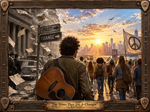 A lone guitarist leads a diverse crowd from a monochrome, weathered past toward a radiant modern city skyline. Warm golden sunlight breaks through dramatic clouds, illuminating bridges, buildings, birds, and peaceful symbols. Rustic wood and metal framing surrounds the scene, while newspapers, vintage cars, and textured surfaces reinforce its handcrafted, transformational character.