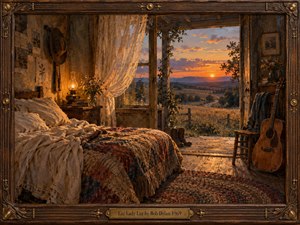 A warmly lit rustic bedroom opens onto a sweeping sunset landscape, blending intimacy with quiet longing. Amber lamplight, weathered wood, rumpled linens, a patchwork quilt, and an acoustic guitar create a tender, lived-in atmosphere. Rich browns, golds, and dusky blues give the detailed painterly scene nostalgic warmth and stillness.