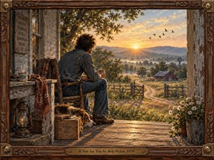 A solitary man sits with his dog on a weathered farmhouse porch, gazing across a winding country road toward a radiant sunrise. Warm gold, amber, and muted earth tones contrast with cool morning haze. Rich painterly textures, rustic wood, wildflowers, distant barns, and flying birds create a tender, reflective atmosphere of gratitude and renewal.