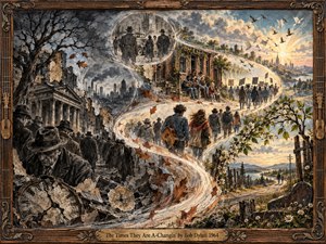A richly textured mixed-media scene traces social change along a luminous S-shaped path, moving from dark industrial streets and weathered crowds toward protest, music, renewal, and sunrise. Sepia, charcoal, rust, cream, and golden tones create historical depth, while cracked clocks, drifting leaves, blossoming branches, and distant figures reinforce time, transformation, and hope.