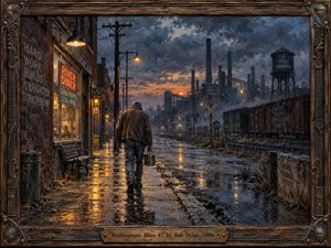 A weary laborer walks alone along a rain-darkened industrial street at dusk, carrying a metal lunch pail beneath glowing amber lamps. Smokestacks, freight cars, brick storefronts, and reflective pavement frame the somber scene. Deep blues, rust browns, and warm golds create a melancholic, resilient mood in richly textured painterly detail.