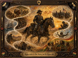 A proud Buffalo Soldier rides through a glowing western sunset, surrounded by feathered memory scenes of African roots, ocean passage, cavalry service, buffalo, broken chains, and joyful music. Warm gold, brown, red, and green tones enrich the painterly historical montage, framed with dark wood, metallic music motifs, and an engraved title plate.