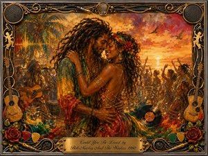 A loving couple dances closely at a tropical sunset celebration, surrounded by musicians and joyful silhouettes. Warm gold, red, green, and amber tones glow through painterly oil, acrylic, and watercolor textures. Musical notes, guitars, roses, vinyl motifs, and ornate chrome-gold framing create a romantic, rhythmic, richly nostalgic atmosphere.